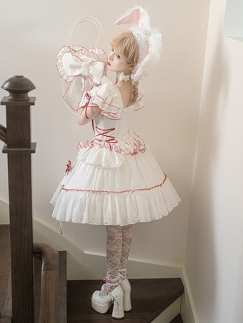 スイートロリータ衣装 ホワイトカラーブロック レースアップ 半袖スカートトップ 姫ロリータドレス