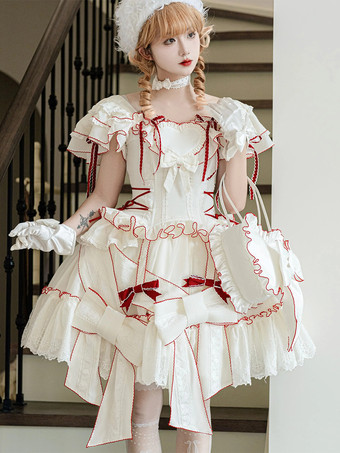 ホワイト スイートロリータ衣装 ホワイトカラーブロック レースアップ 半袖スカートトップ 姫ロリータドレス