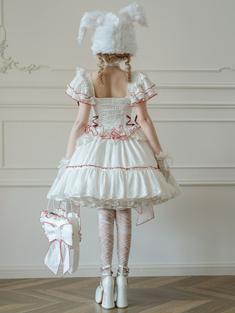 スイートロリータ衣装 ホワイトカラーブロック レースアップ 半袖スカートトップ 姫ロリータドレス