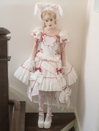 スイートロリータ衣装 ホワイトカラーブロック レースアップ 半袖スカートトップ 姫ロリータドレス