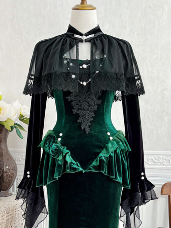 ゴシックロリータドレス レースフリル ベロア ロマンス エレガント ダークグリーン ロマンス フィッシュテールドレス