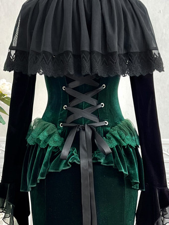ゴシックロリータドレス レースフリル ベロア ロマンス エレガント ダークグリーン ロマンス フィッシュテールドレス