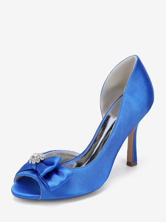 ロイヤルブルーサテンのウェディングシューズ、ピープトゥ、ボウハイヒール、ウェディングゲストシューズ