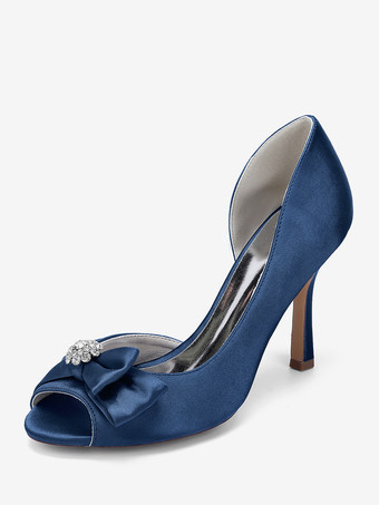 ディープブルーサテンのウェディングシューズ、ピープトゥ、ボウハイヒール、ウェディングゲストシューズ