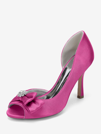 ローズレッドサテンのウェディングシューズ、ピープトゥ、ボウハイヒール、ウェディングゲストシューズ