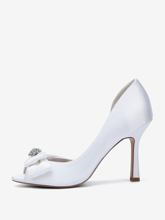 サテンのウェディングシューズ、ピープトゥ、ボウハイヒール、ウェディングゲストシューズ