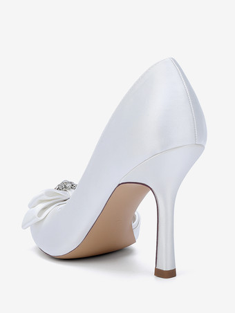 サテンのウェディングシューズ、ピープトゥ、ボウハイヒール、ウェディングゲストシューズ