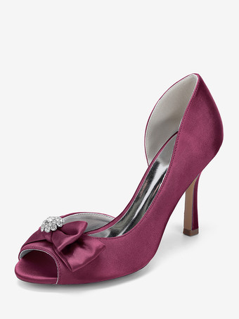 ワインレッド サテンのウェディングシューズ、ピープトゥ、ボウハイヒール、ウェディングゲストシューズ
