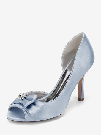 シルバー サテンのウェディングシューズ、ピープトゥ、ボウハイヒール、ウェディングゲストシューズ