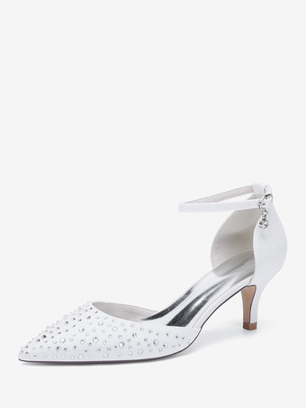ホワイト キトンヒールのブライダルシューズ サテンポインテッドトゥ ラインストーンブライダルシューズ