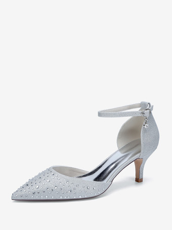 シルバー キトンヒールのブライダルシューズ サテンポインテッドトゥ ラインストーンブライダルシューズ