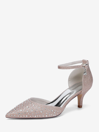 シャンパンカラーキトンヒールのブライダルシューズ サテンポインテッドトゥ ラインストーンブライダルシューズ