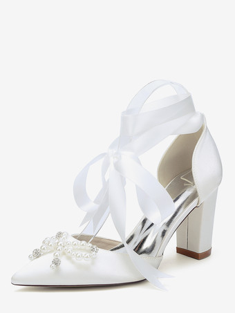 アイボリー ホワイトウェディングシューズ サテンポインテッドトゥ パールボウ チャンキーヒール ブライダルシューズ