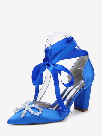 ロイヤルブルーホワイトウェディングシューズ サテンポインテッドトゥ パールボウ チャンキーヒール ブライダルシューズ