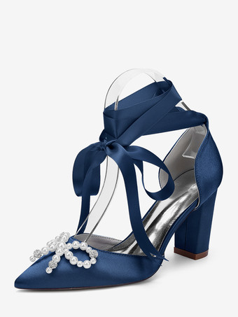 ディープブルーホワイトウェディングシューズ サテンポインテッドトゥ パールボウ チャンキーヒール ブライダルシューズ