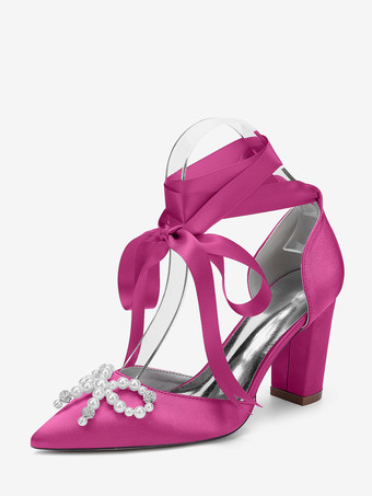 ローズレッドホワイトウェディングシューズ サテンポインテッドトゥ パールボウ チャンキーヒール ブライダルシューズ