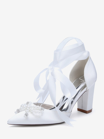 ホワイト ホワイトウェディングシューズ サテンポインテッドトゥ パールボウ チャンキーヒール ブライダルシューズ