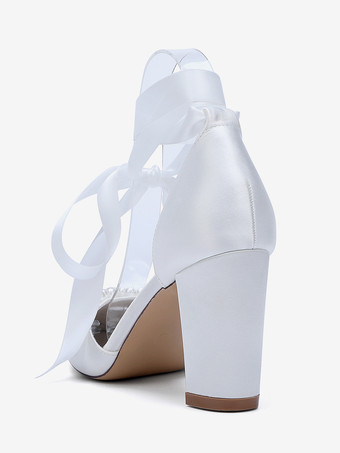 ホワイトウェディングシューズ サテンポインテッドトゥ パールボウ チャンキーヒール ブライダルシューズ