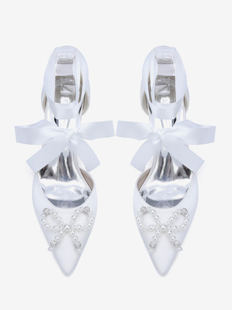 ホワイトウェディングシューズ サテンポインテッドトゥ パールボウ チャンキーヒール ブライダルシューズ