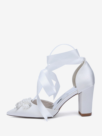 ホワイトウェディングシューズ サテンポインテッドトゥ パールボウ チャンキーヒール ブライダルシューズ