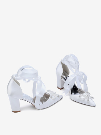 ホワイトウェディングシューズ サテンポインテッドトゥ パールボウ チャンキーヒール ブライダルシューズ
