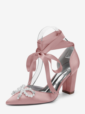 サーモンピンクホワイトウェディングシューズ サテンポインテッドトゥ パールボウ チャンキーヒール ブライダルシューズ