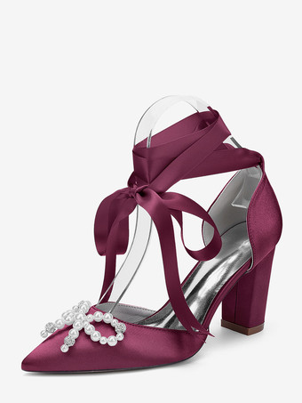 ワインレッド ホワイトウェディングシューズ サテンポインテッドトゥ パールボウ チャンキーヒール ブライダルシューズ