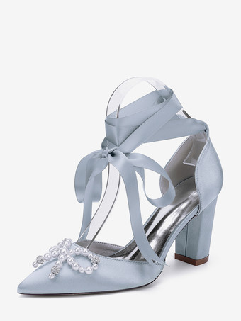 シルバー ホワイトウェディングシューズ サテンポインテッドトゥ パールボウ チャンキーヒール ブライダルシューズ