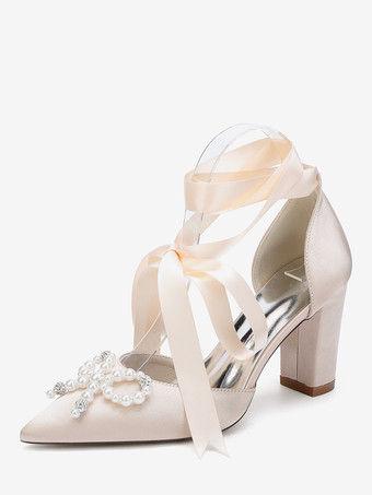シャンパンカラーホワイトウェディングシューズ サテンポインテッドトゥ パールボウ チャンキーヒール ブライダルシューズ