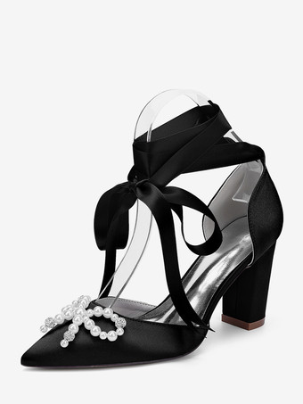 ブラック ホワイトウェディングシューズ サテンポインテッドトゥ パールボウ チャンキーヒール ブライダルシューズ