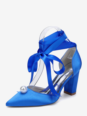 ロイヤルブルーサテンチャンキーヒールウェディングシューズ、ポインテッドトゥパールレースアップブライダルシューズ