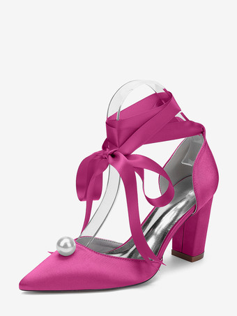 ローズレッドサテンチャンキーヒールウェディングシューズ、ポインテッドトゥパールレースアップブライダルシューズ