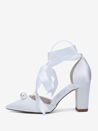 サテンチャンキーヒールウェディングシューズ、ポインテッドトゥパールレースアップブライダルシューズ