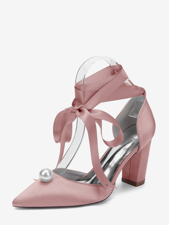 サーモンピンクサテンチャンキーヒールウェディングシューズ、ポインテッドトゥパールレースアップブライダルシューズ