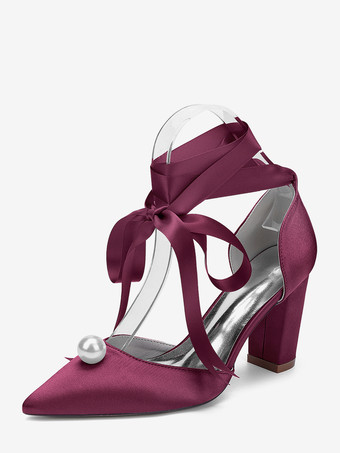 ワインレッド サテンチャンキーヒールウェディングシューズ、ポインテッドトゥパールレースアップブライダルシューズ