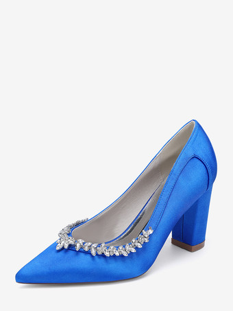 ロイヤルブルーサテンのウェディングシューズ、ポインテッドトゥ、ラインストーン、チャンキーヒールのブライダルシューズ