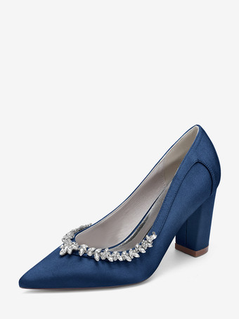 ディープブルーサテンのウェディングシューズ、ポインテッドトゥ、ラインストーン、チャンキーヒールのブライダルシューズ