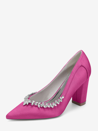 ローズレッドサテンのウェディングシューズ、ポインテッドトゥ、ラインストーン、チャンキーヒールのブライダルシューズ