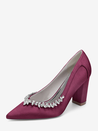 ワインレッド サテンのウェディングシューズ、ポインテッドトゥ、ラインストーン、チャンキーヒールのブライダルシューズ