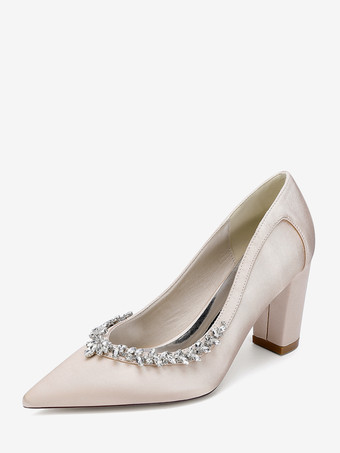 シャンパンカラーサテンのウェディングシューズ、ポインテッドトゥ、ラインストーン、チャンキーヒールのブライダルシューズ