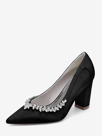 ブラック サテンのウェディングシューズ、ポインテッドトゥ、ラインストーン、チャンキーヒールのブライダルシューズ