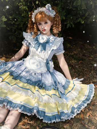 ライトスカイブルースイートロリータドレスポリエステル半袖マルチレイヤーフリル蝶結びスイートメイドロリータOP