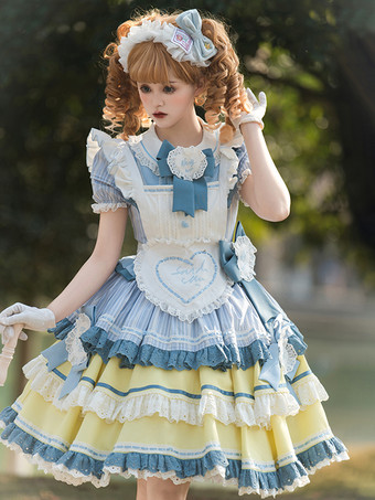 スイートロリータドレスポリエステル半袖マルチレイヤーフリル蝶結びスイートメイドロリータOP