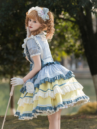 スイートロリータドレスポリエステル半袖マルチレイヤーフリル蝶結びスイートメイドロリータOP