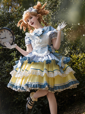 スイートロリータドレスポリエステル半袖マルチレイヤーフリル蝶結びスイートメイドロリータOP