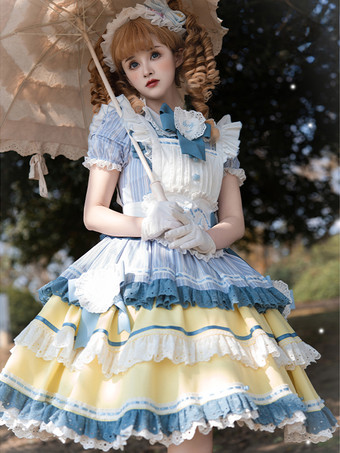 スイートロリータドレスポリエステル半袖マルチレイヤーフリル蝶結びスイートメイドロリータOP