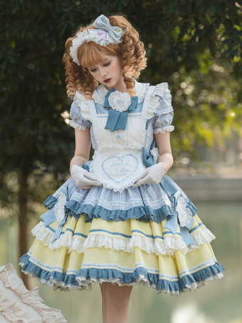 スイートロリータドレスポリエステル半袖マルチレイヤーフリル蝶結びスイートメイドロリータOP