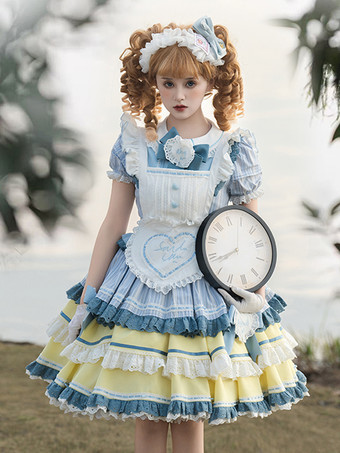 スイートロリータドレスポリエステル半袖マルチレイヤーフリル蝶結びスイートメイドロリータOP