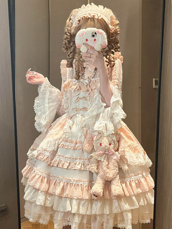 ピンク甘いロリータドレスポリエステルロングスリーブマルチレイヤーフリルレース蝶結び甘い姫ロリータドレス