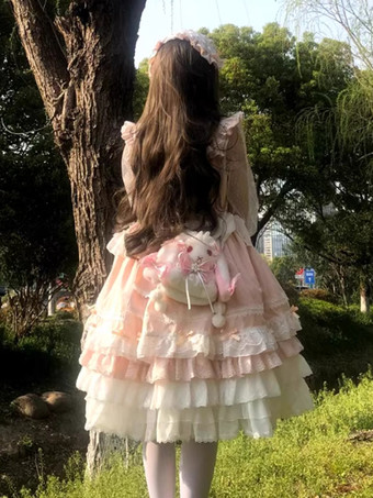 甘いロリータドレスポリエステルロングスリーブマルチレイヤーフリルレース蝶結び甘い姫ロリータドレス